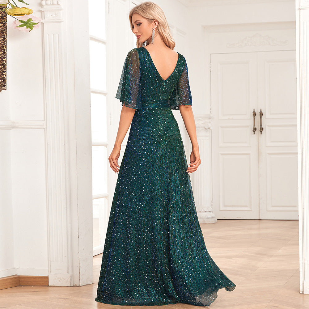 Butterfly See Through Sleeve Pairs V Neck Pleated A Large Swing Evening Dress Wedding Sequined Mop Dress