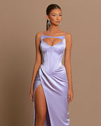 Split Front Sleeveless Prom Dress with Spaghetti Straps and Pleats