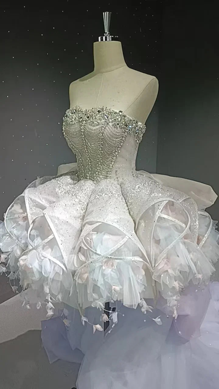 Starry veil feather crystal embellished flower bud dress