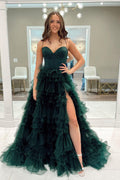 Sweetheart Ruffle Tiered Tulle Long Prom Dresses with Slit