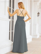 Halter Bridesmaid Dresses with Pockets Sleeveless Formal Evening Party Prom Gowns  28055