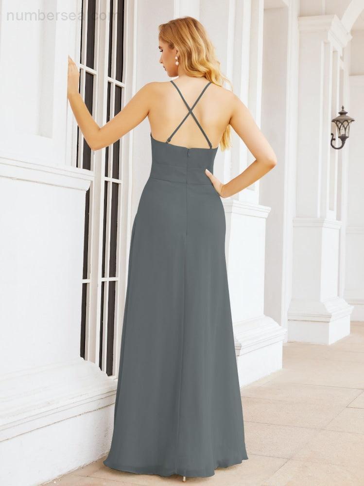 Halter Bridesmaid Dresses with Pockets Sleeveless Formal Evening Party Prom Gowns  28055