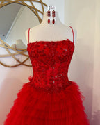 A-Line Tiered Sequins Tulle Long Prom Dress