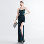 Colorful Sequin Lash Rope Chest Side Slit Tube Top Boning Corset Evening Dress