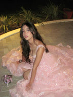 Pretty A-Line Pink Lace Appliques Tiered Long Prom Dress Formal Evening Dress Y7936