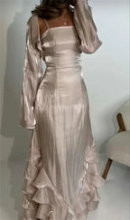 Vintage Prom Dresses with Pleated Ruffles Floor Length Evening Gown Y4595