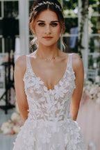 3D Floral Lace V Neck Floor Length Bohemian Wedding Dress