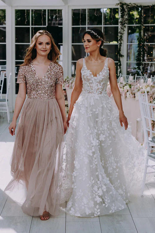 3D Floral Lace V Neck Floor Length Bohemian Wedding Dress