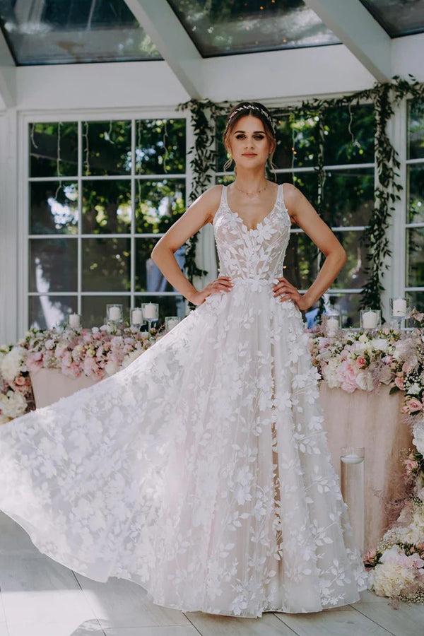 3D Floral Lace V Neck Floor Length Bohemian Wedding Dress