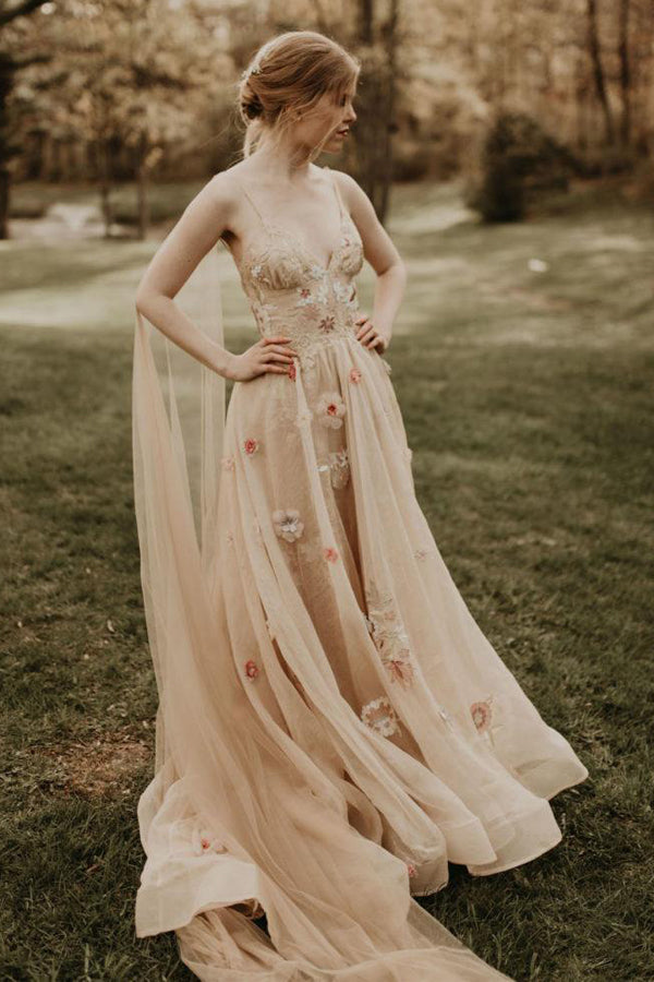3D Flower Colorful V Neck Tulle Forest Wedding Dresses