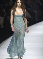 Vintage Mermaid Straps Green Long Evening Dress Lace Chiffon Sequins Slit Prom Dress Y8183