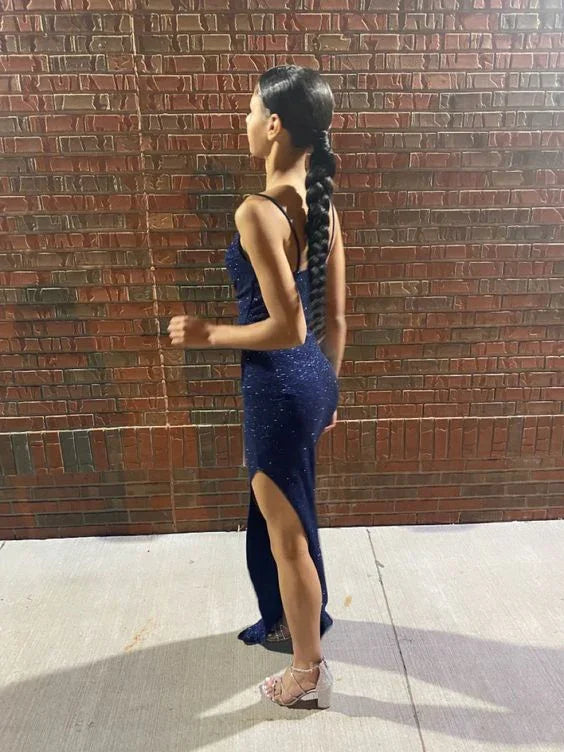 Shiny Navy Blue Sheath Evening Dress Navy Blue Evening Gown Y6359