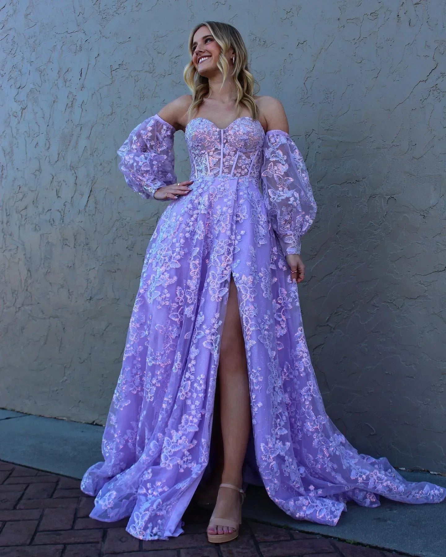 Sparkle Princess Bustier Puff Sleeve Lace Long Prom Dress Detachable Sleeves Evening Dress  Y1805