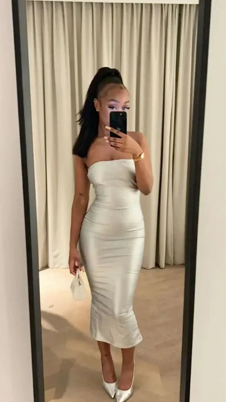 Sexy Strapless Midi-length Evening Dress Birthday Outfit Dress Y5351