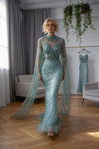 Luxury Dubai  Arabic Nude Mermaid Long Evening Dresses  With CapeLA71885B