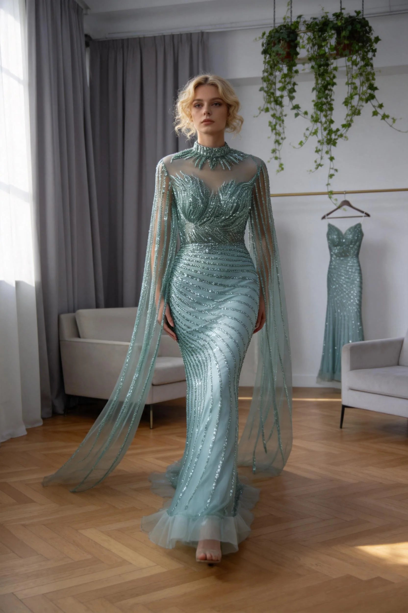 Luxury Dubai  Arabic Nude Mermaid Long Evening Dresses  With CapeLA71885B