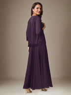 Plum A-Line Sequins Chiffon Dress