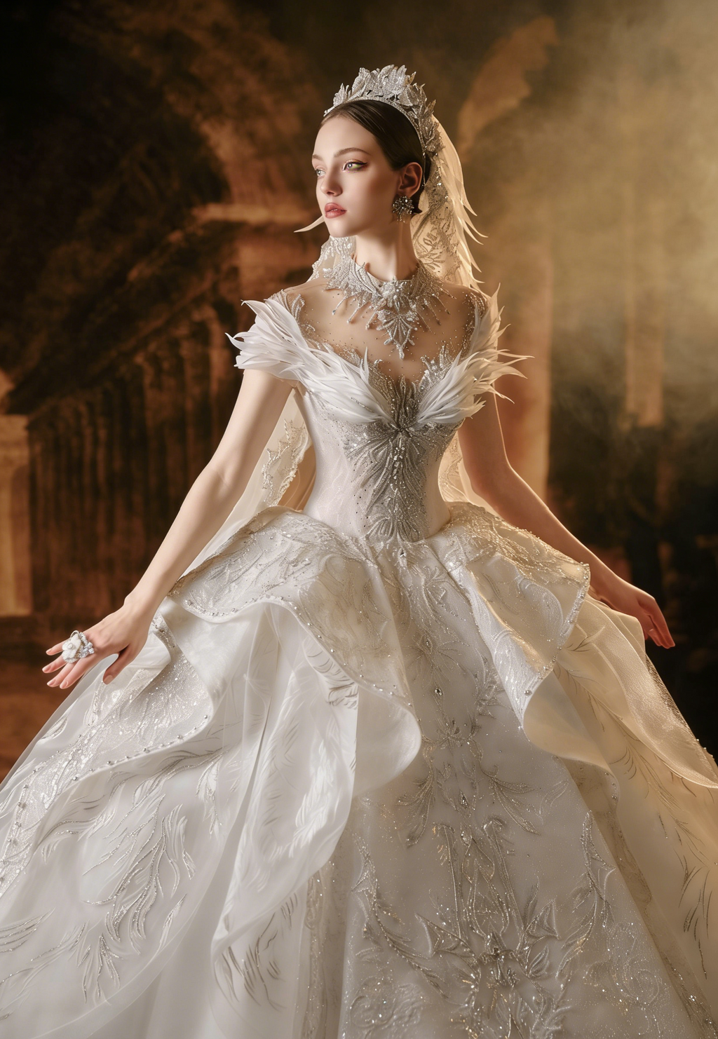 Luxury Feather Accent High Neck Ball Gown Wedding Dress with Beaded Embroidery & Train Bridal Gown