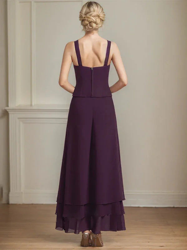 Separates Jumpsuit/Pantsuit Square Ankle-Length Lace Chiffon Mother of the Bride Dress With Sequins