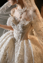 Regal Off-the-Shoulder Ball Gown Wedding Dress with Puff Sleeves & Beaded Embroidery Bridal Gown with Overskirt Train