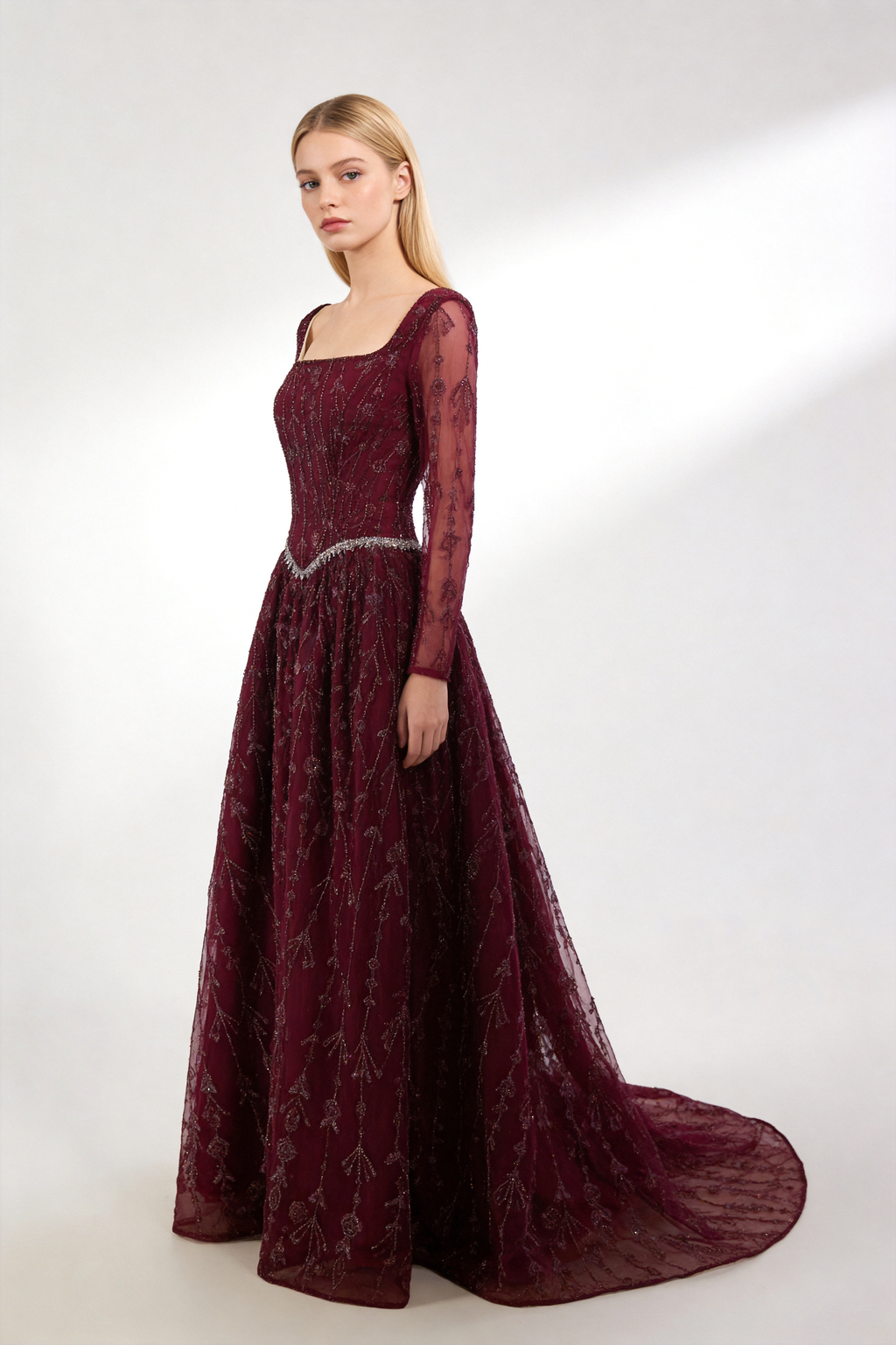 Luxury Sage Green Beaded Evening Dress with Long Sleeves LA72805B