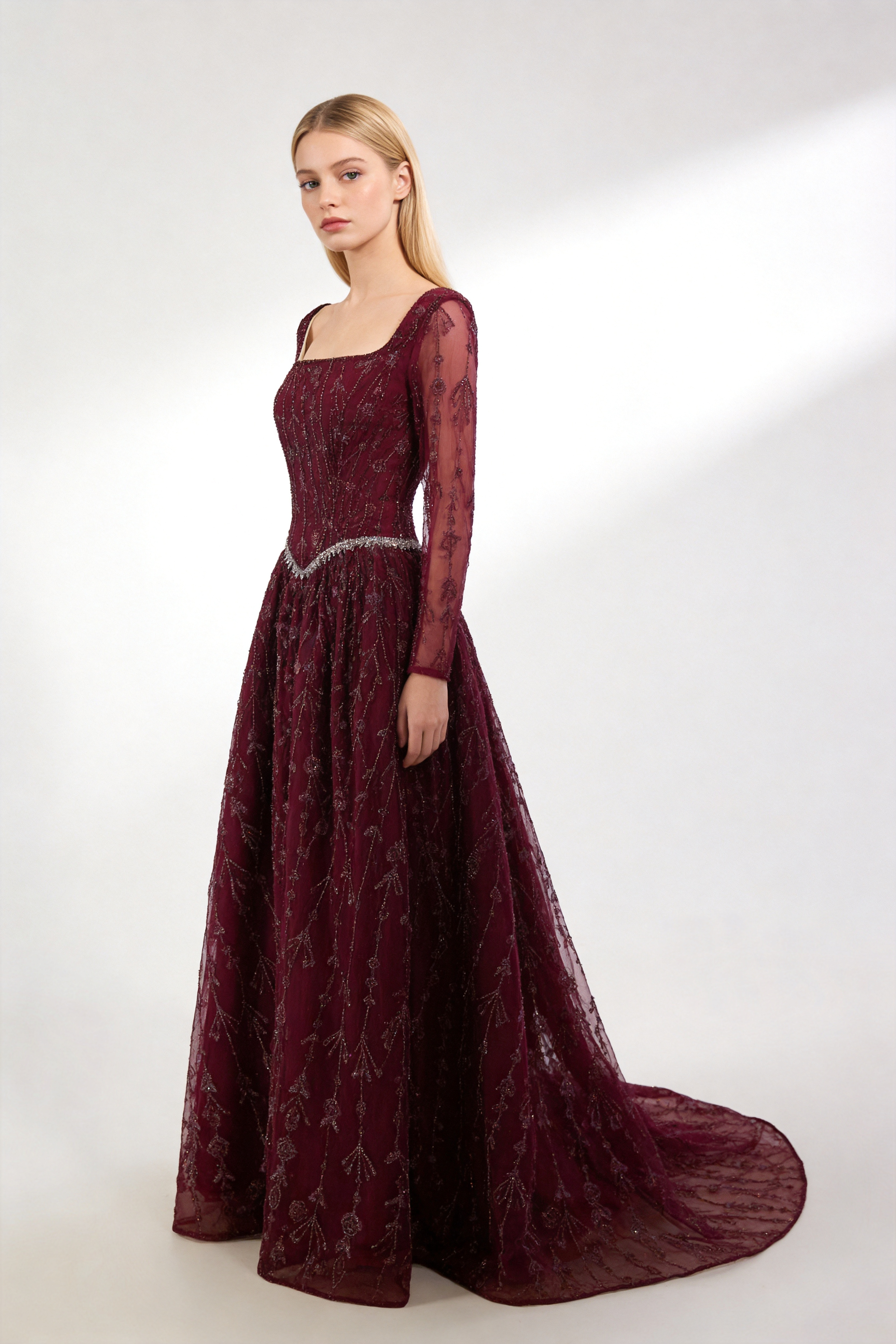 Luxury Sage Green Beaded Evening Dress with Long Sleeves LA72805B