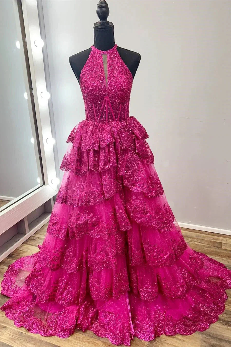 Seraphine | High Neck Sleeveless Empire Lace Tiered Long Formal Dress