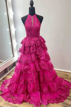 Seraphine | High Neck Sleeveless Empire Lace Tiered Long Formal Dress