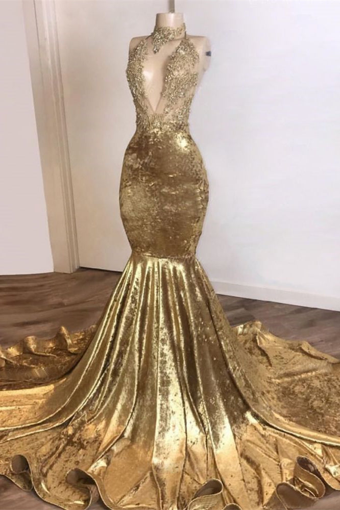 Glossy Glod Hater Sleeveless Mermaid Long Prom Dress With Lace Appliques