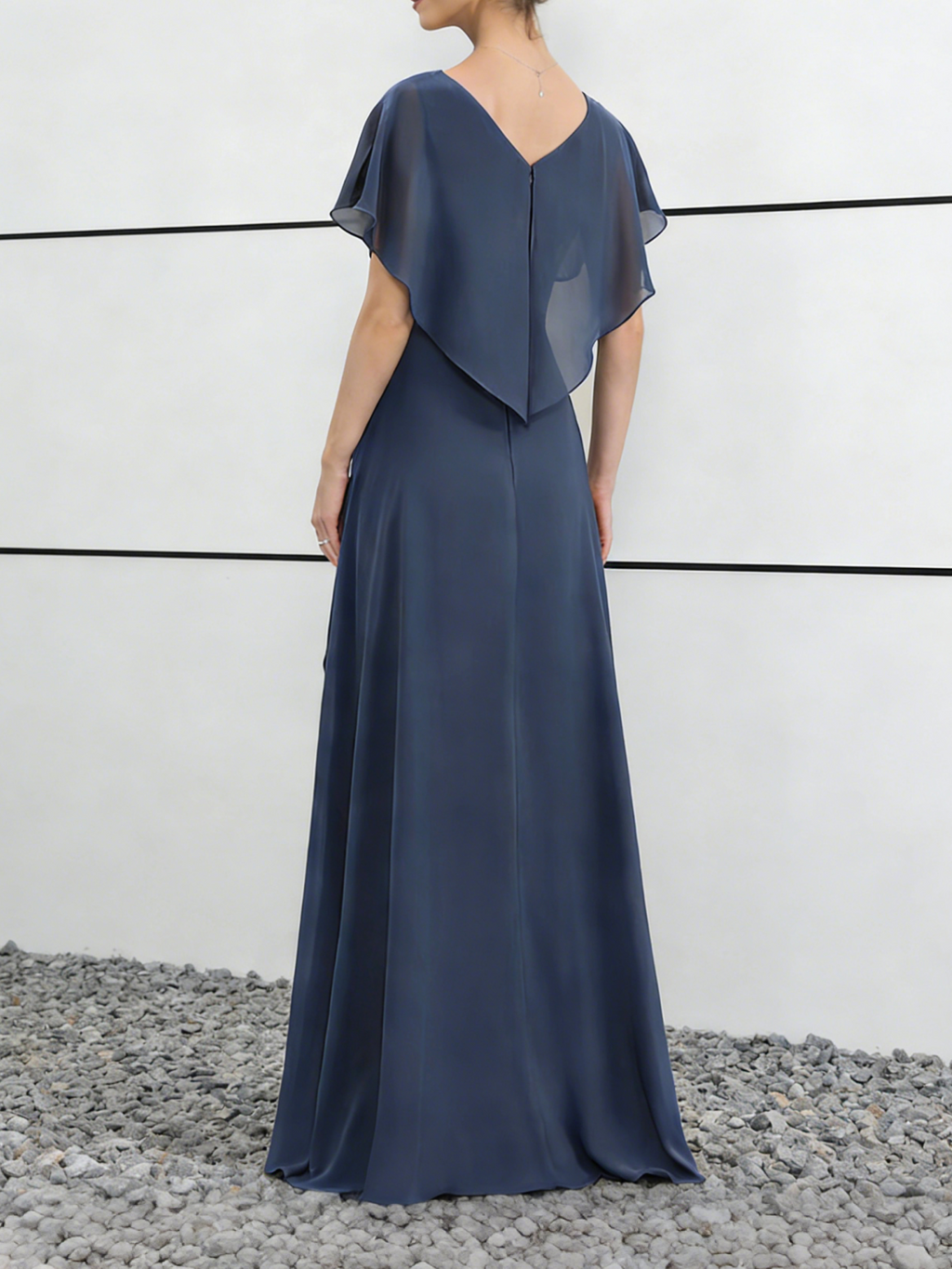 Dusty Blue Chiffon V-Neck Maxi Dress with Flutter Sleeves & Ruffled Skirt