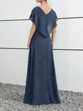 Dusty Blue Chiffon V-Neck Maxi Dress with Flutter Sleeves & Ruffled Skirt