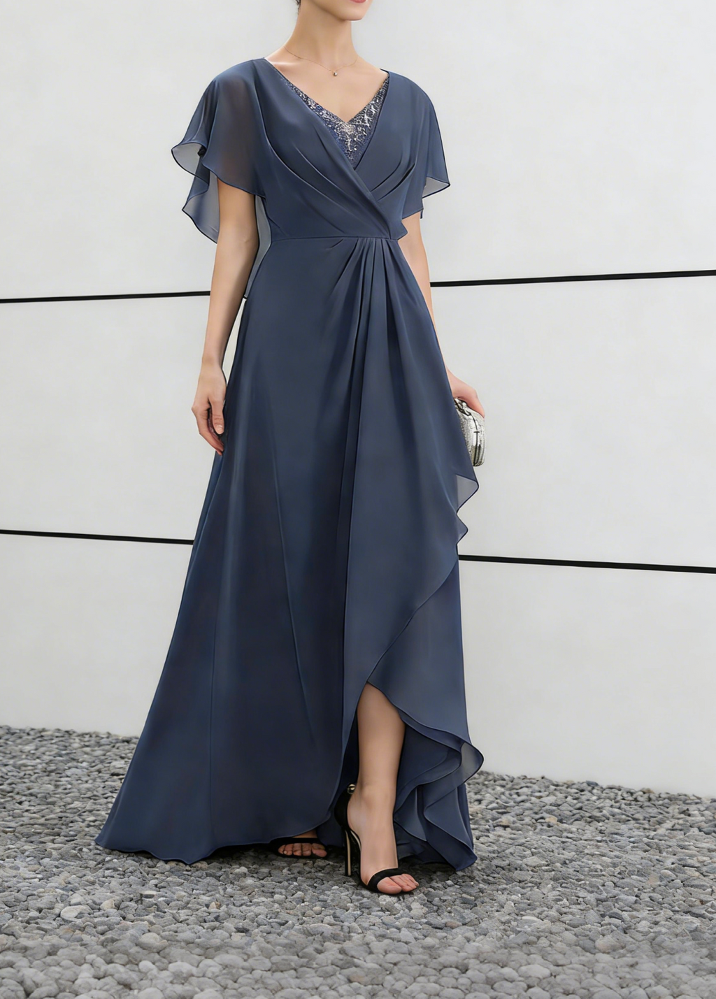 Dusty Blue Chiffon V-Neck Maxi Dress with Flutter Sleeves & Ruffled Skirt