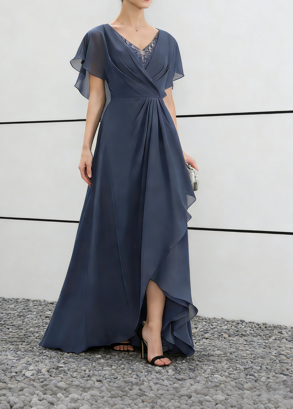 Dusty Blue Chiffon V-Neck Maxi Dress with Flutter Sleeves & Ruffled Skirt