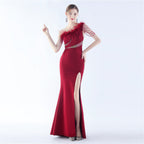 Evening Dress Craft Rhinestone Handmade Beaded Ostrich Feather Diagonal Collar One Shoulder Dress