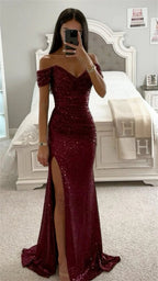 Women Mermaid Maxi Evening Dresses 2026 Elegant Off-Shoulder Sequin Split Formal High Waist Prom Dresses For Party Customized