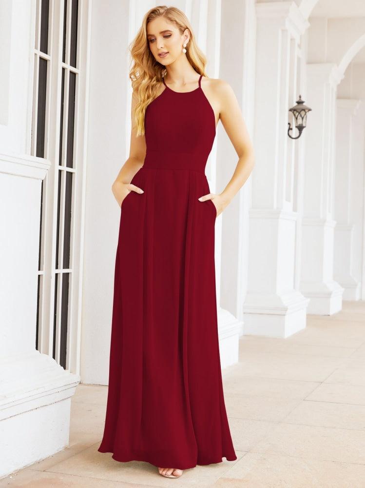 Halter Bridesmaid Dresses with Pockets Sleeveless Formal Evening Party Prom Gowns  28055