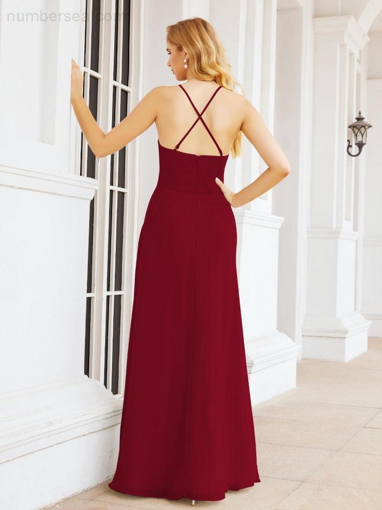 Halter Bridesmaid Dresses with Pockets Sleeveless Formal Evening Party Prom Gowns  28055