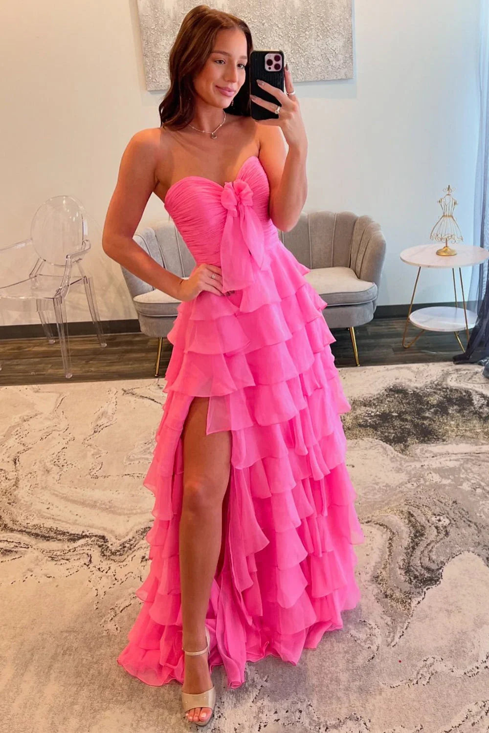 Sweetheart A-Line Chiffon Tiered Long Prom Dress with Slit