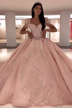 Square Neck Puff Sleeves Ball Gown Applique Quinceanera Dress with Train