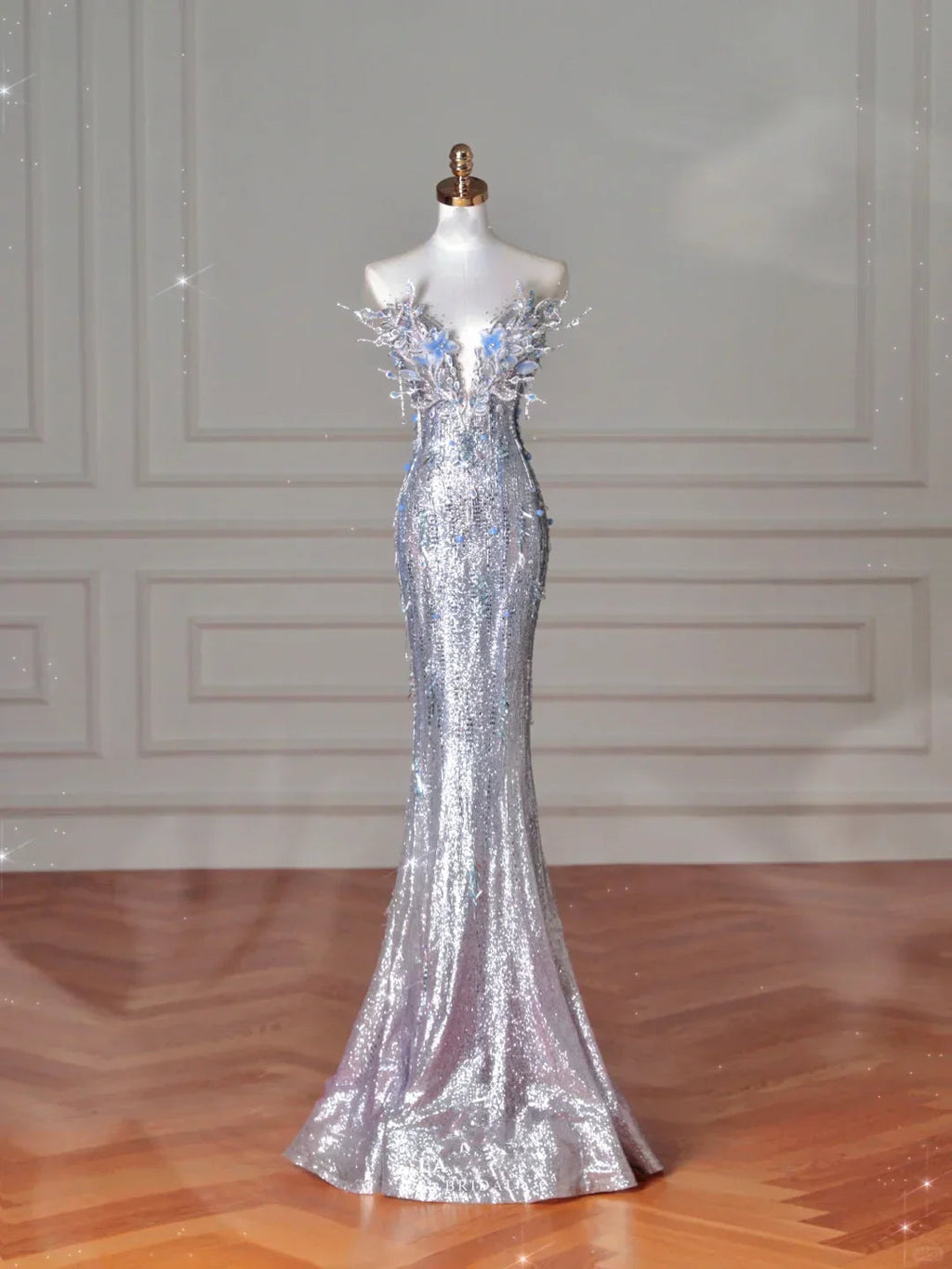 Luxury Silver Sequin 3D Beaded Mermaid Evening Dress Long Prom Dress With Bow Y8640