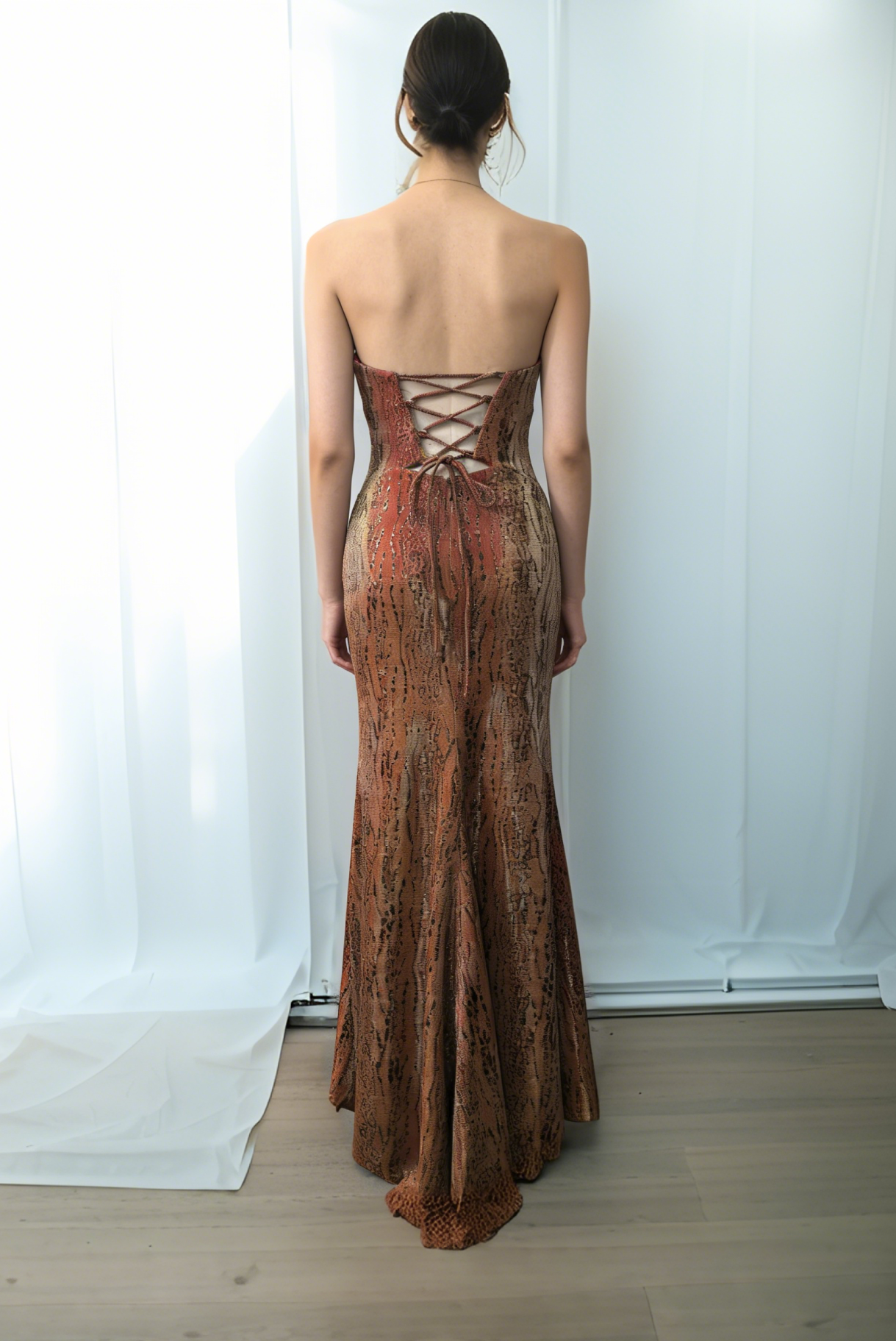 Rust Orange Snake Print Strapless Mermaid Evening Dress | Cutout Lace-Up Prom Gown