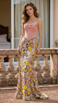 Pink Strapless Corset Floral Mermaid Gown With Crystal Waist Evening Dress