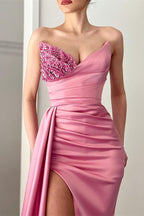 Long V-Neck Beads Mermaid Front Slit Evening Prom Dress With Ruffles