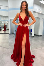 Velvet Plunge V Cross Back A-Line Long Formal Dress