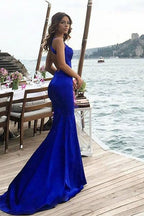 Regal Sapphire Halter Open Back Mermaid Long Prom Dress