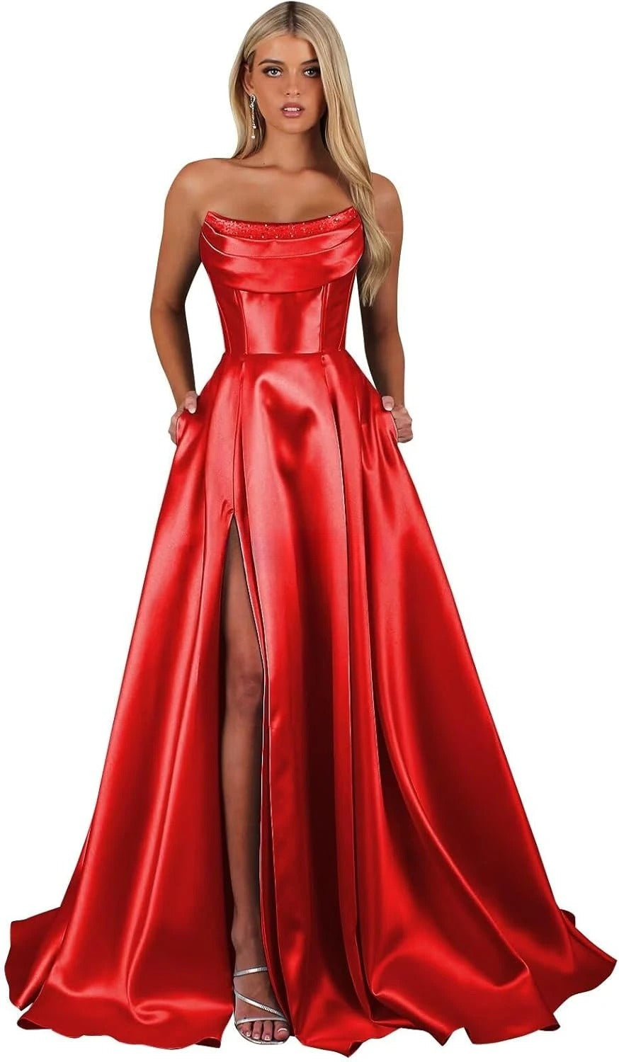 Strapless Corset Prom Dresses for Women with Slit Long Satin Formal Evening Gowns with Pockets Elegant Sleeveless Party Dress