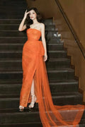 Sparkly Strapless Pleated Tulle Evening Dress Orange Slit Prom Dress Y7651