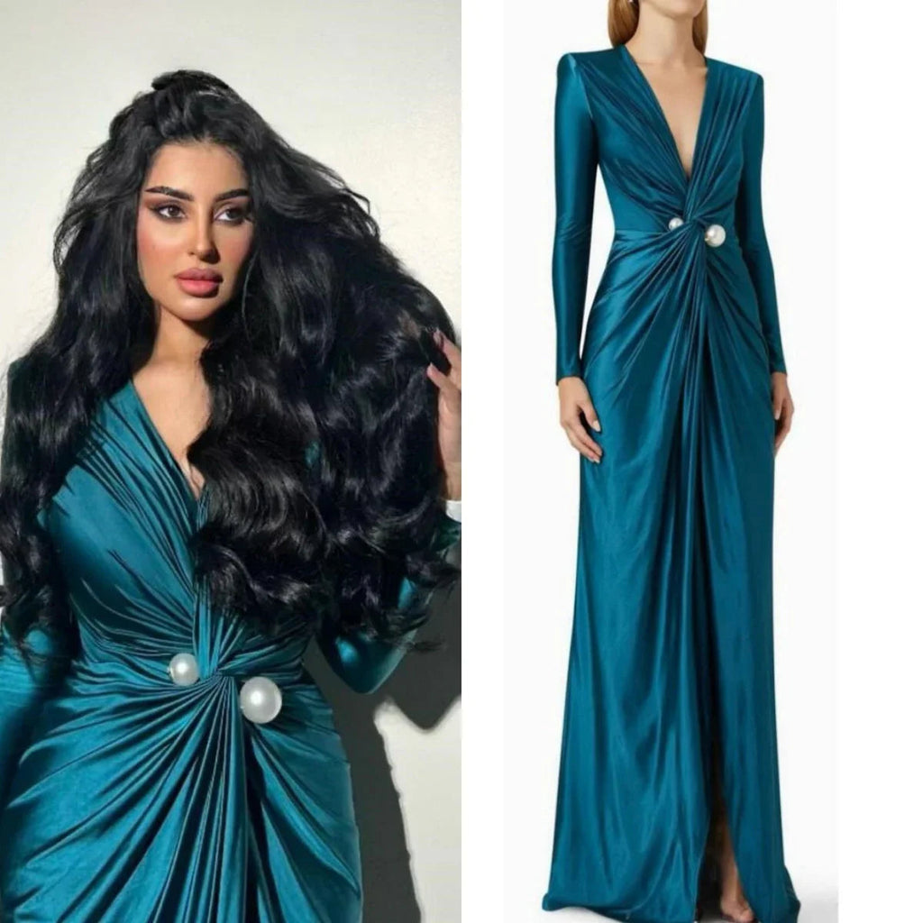 V-neck Long Sleeves Formal Evening Dress Pearls Ruched Floor-length Elegant Women Wedding Party Dresses For Prom