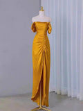 Sheath Off The Shoulder Yellow Pleated Prom Dress Slit Evening Dress Y7598