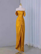 Sheath Off The Shoulder Yellow Pleated Prom Dress Slit Evening Dress Y7598